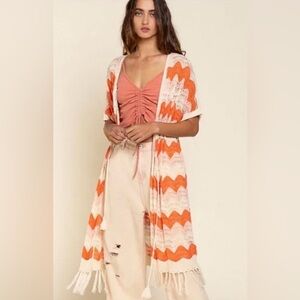 POL Orange & White Crochet Kimono Cardigan with a Zig Zag Pattern and Fringe Hem